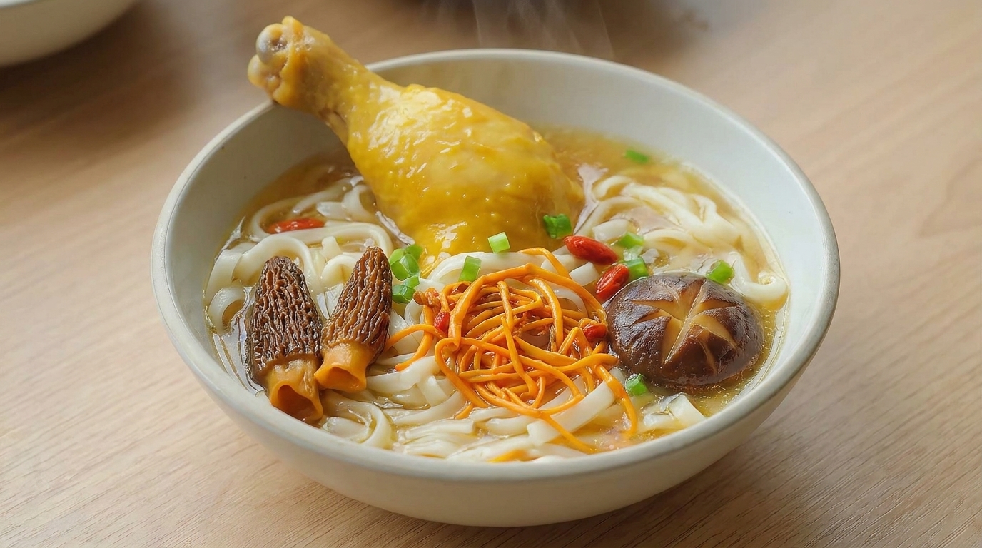 Soupe de nouilles au poulet, morilles et fleurs de cordyceps