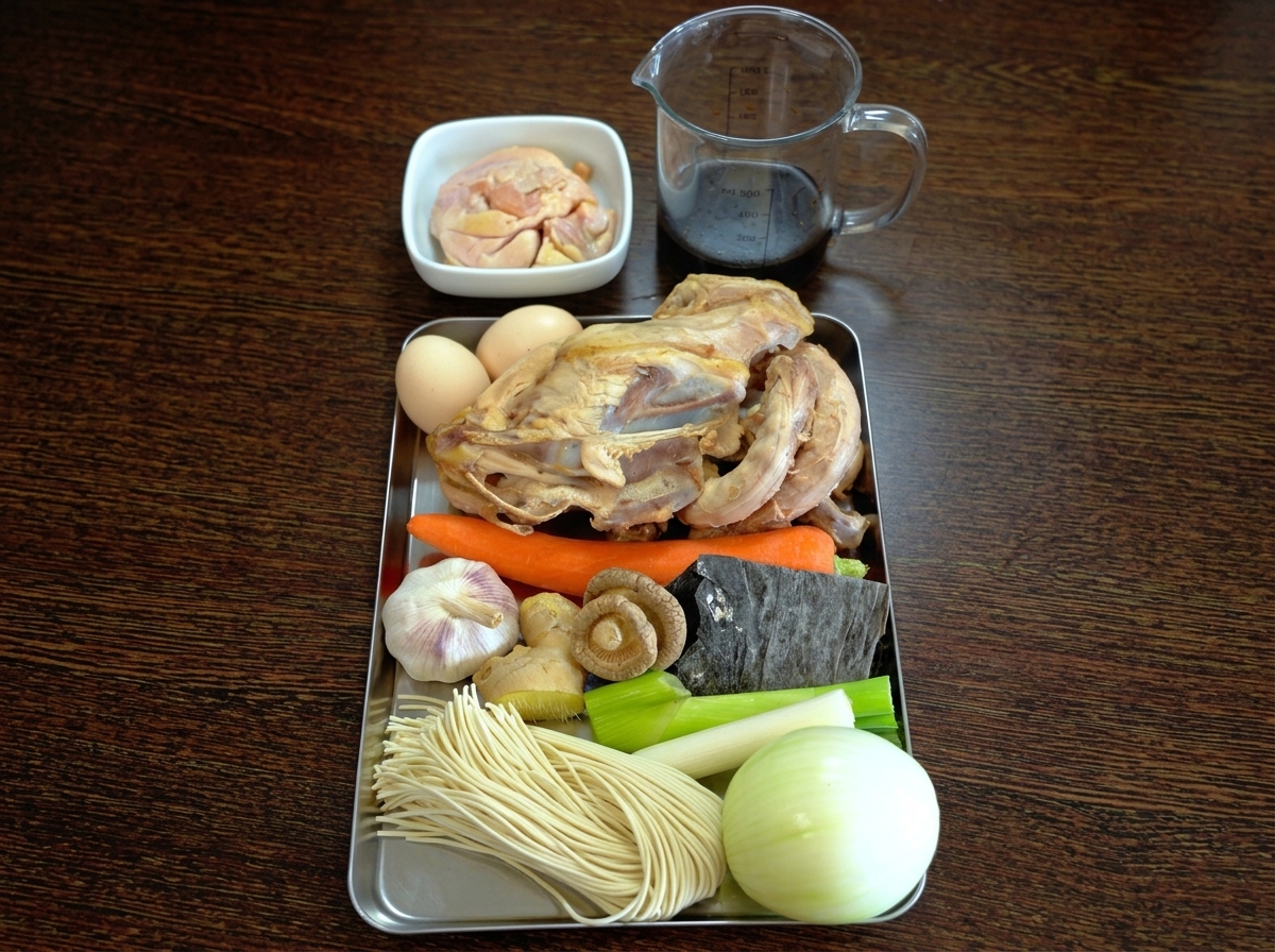 Un plateau présentant une carcasse de poulet blanchie, des légumes frais, des aromates, des nouilles crues et des œufs.