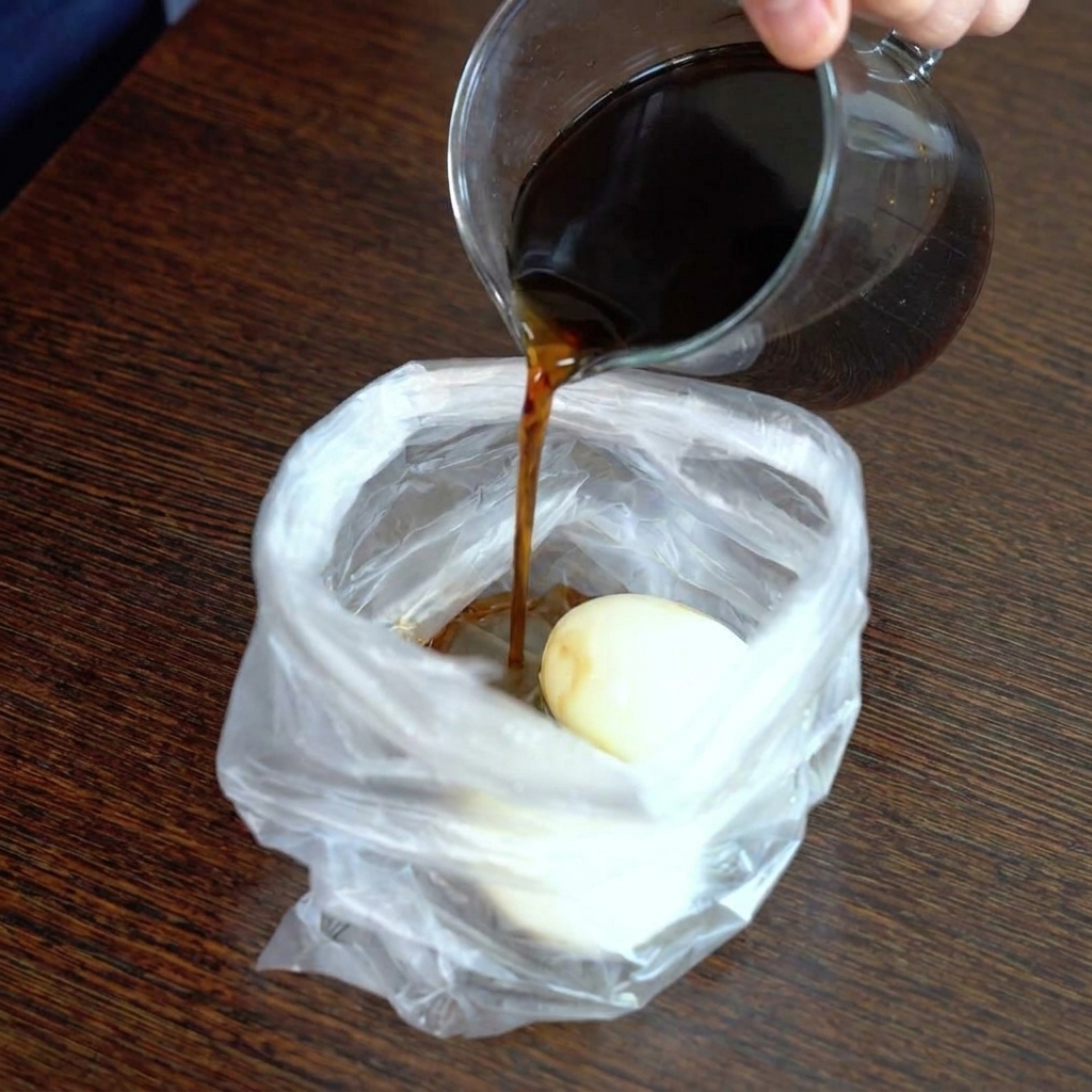 Marinade à base de soja versée dans un sac de congélation contenant deux œufs mollets écaillés.