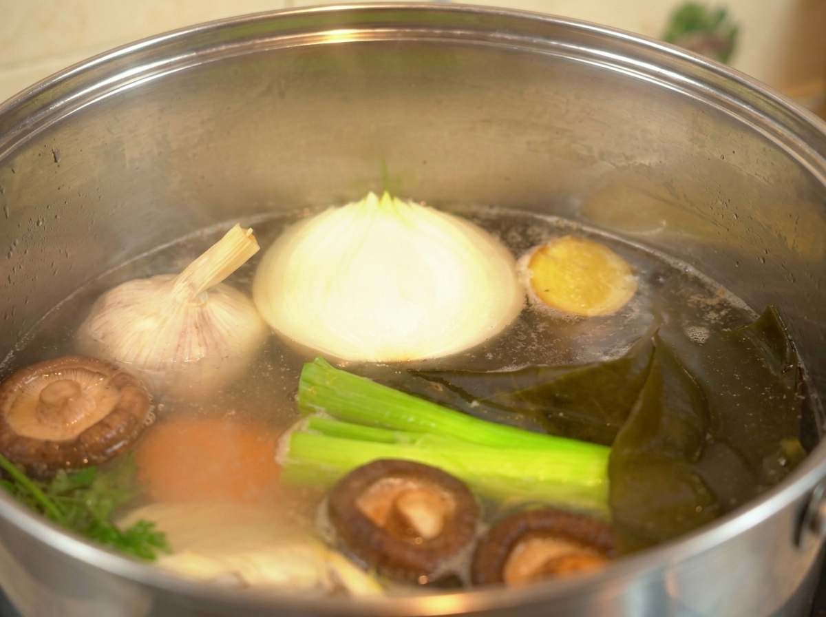 Marmite en inox contenant un bouillon de poulet frémissant avec oignon, shiitakés, kombu et poireaux à la surface.
