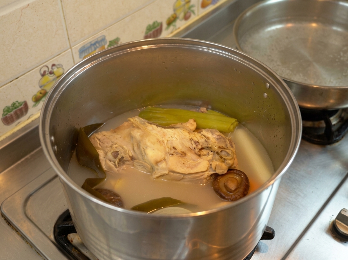 Grande marmite contenant un bouillon réduit avec carcasse, kombu et carottes.