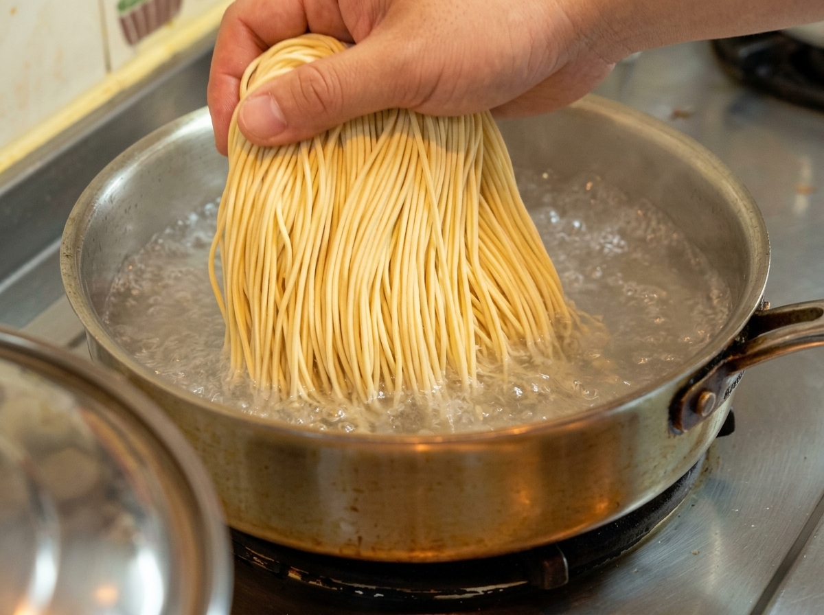 Main jetant un paquet de nouilles ramen fraîches dans une casserole deau bouillante.