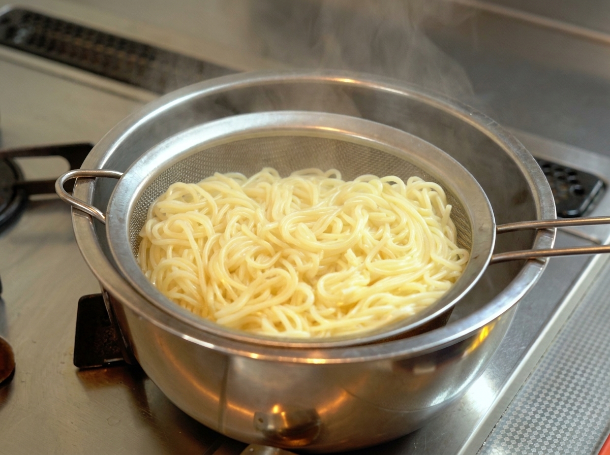 Nouilles ramen cuites soulevées et égouttées dans une passoire au-dessus de la casserole fumante.