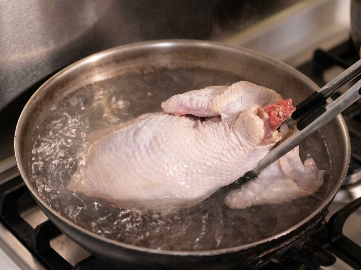 Un poulet entier plongé dans une casserole deau bouillante avec des pinces métalliques.