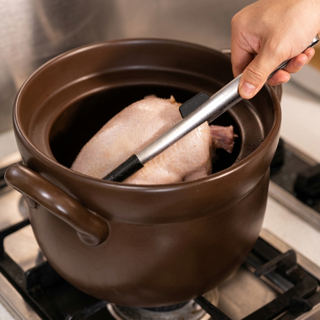 Une main utilisant des pinces pour déposer délicatement un poulet blanchi dans une marmite en céramique brune.
