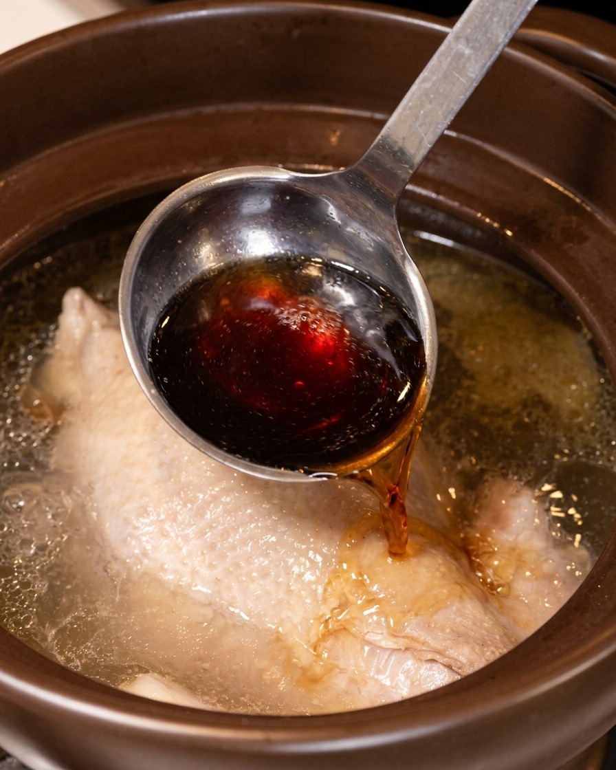 Du vin de cuisine jaune versé dune louche sur un poulet mijotant dans son bouillon.