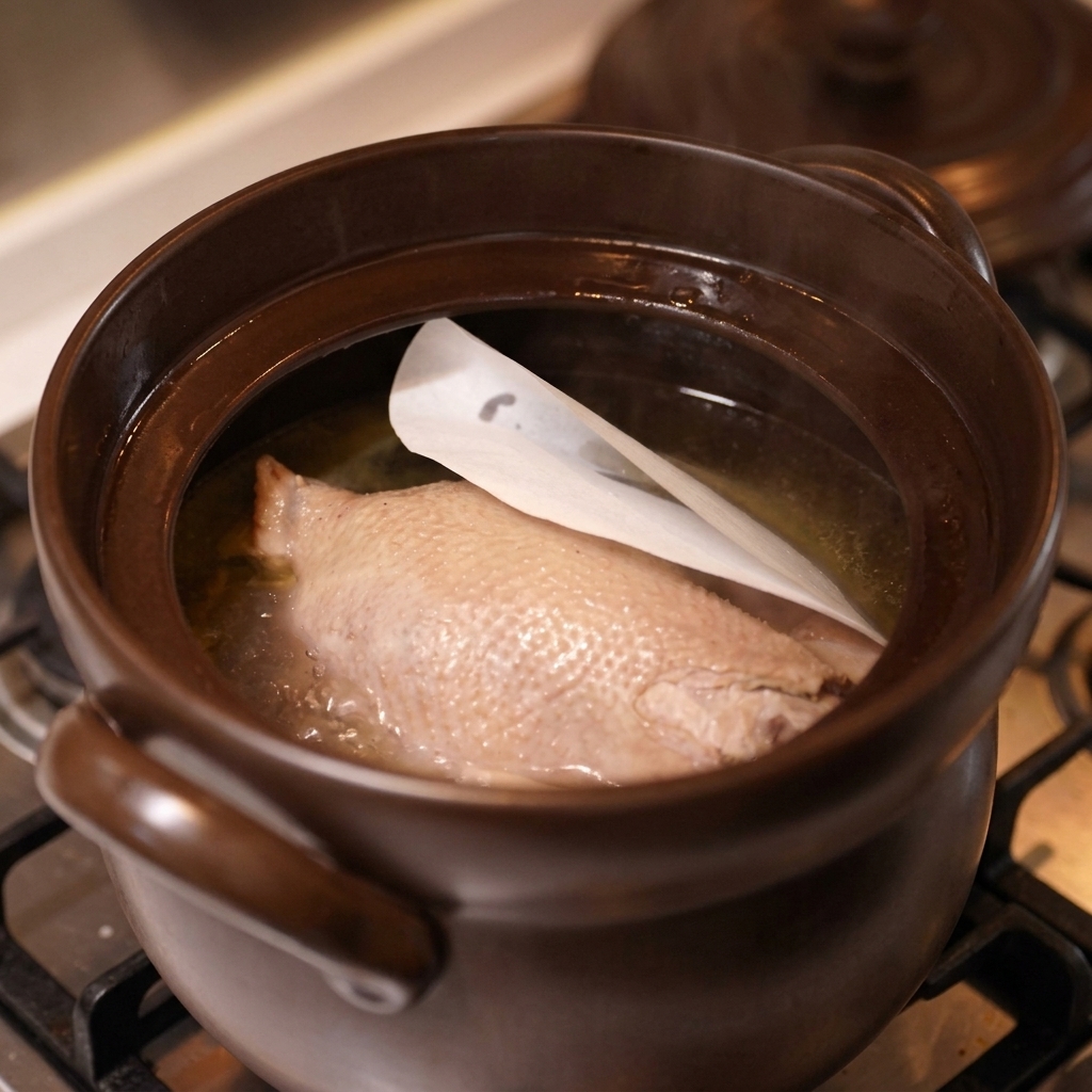 Une feuille de papier absorbant flottant à la surface dun bouillon de poulet dans une marmite.