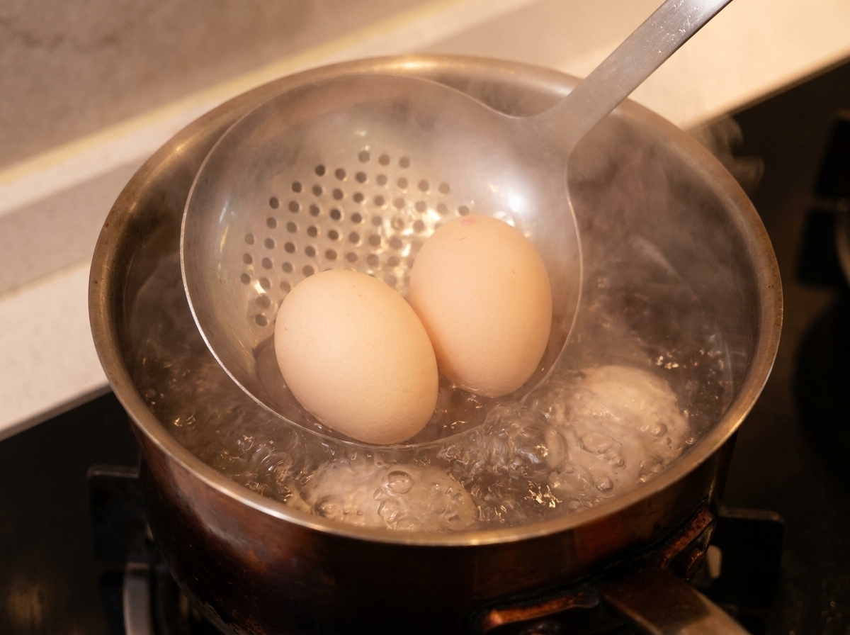 Une cuillère à trou déposant deux œufs entiers dans une casserole deau bouillante.