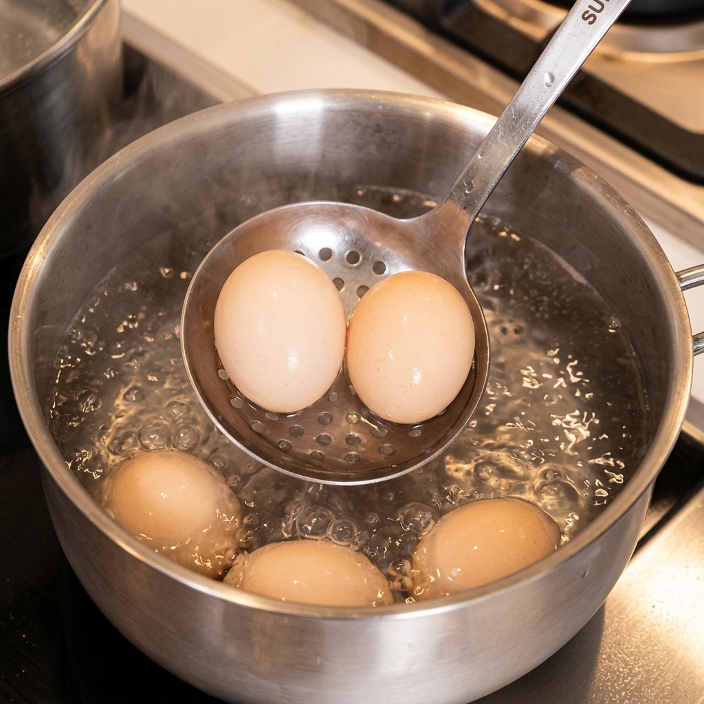 Une écumoire sortant les œufs bouillants de leau pour les plonger dans un bain glacé.