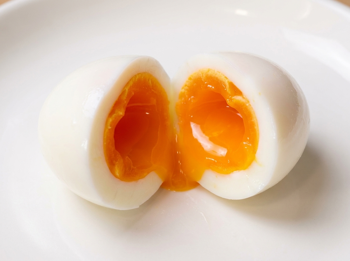 Un œuf mollet coupé en deux révélant un jaune orange vif et coulant.