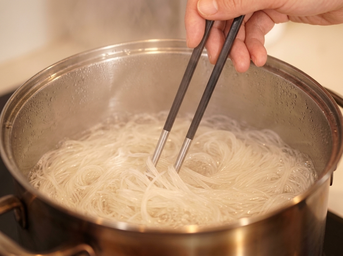 Une main utilisant des baguettes pour remuer des nouilles somen blanches dans leau bouillante.