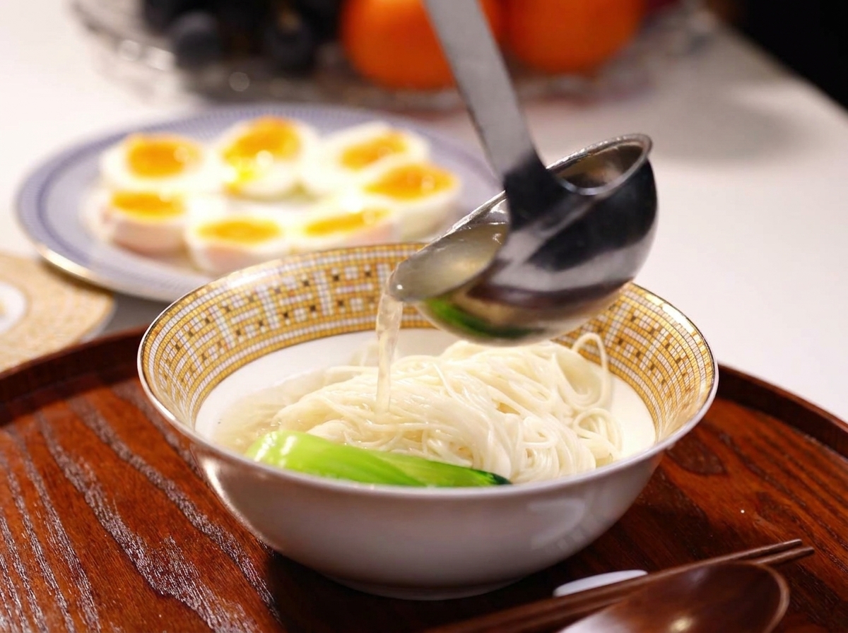 Une louche versant le bouillon de poulet fumant sur les nouilles et le bok choy dans un bol de service.