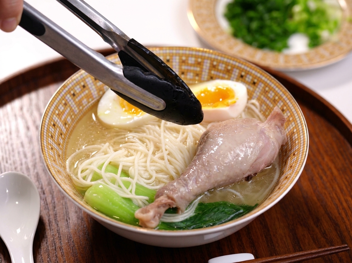 Des pinces déposant une cuisse de poulet cuite dans le bol de soupe avec les légumes et lœuf.