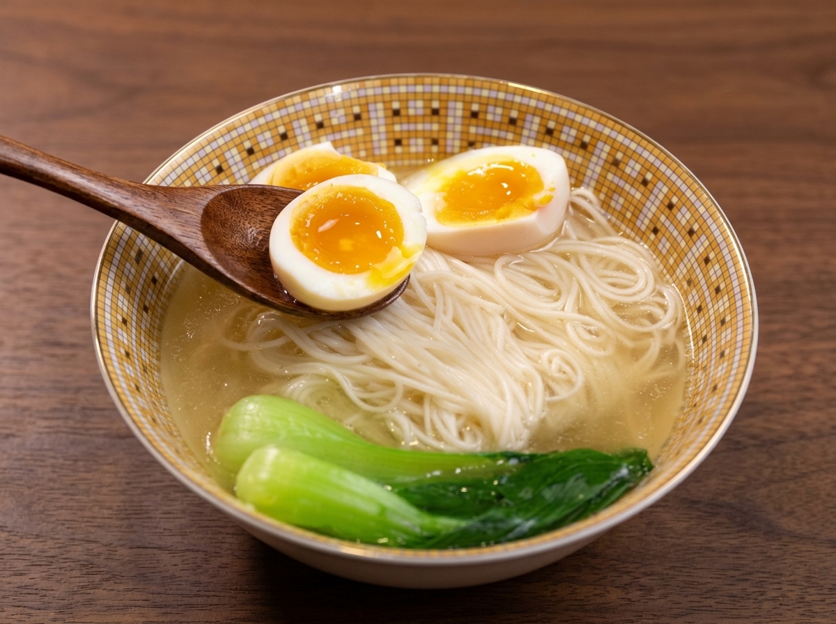 Une cuillère en bois tenant un demi-œuf mollet au-dessus du bol de soupe garni.