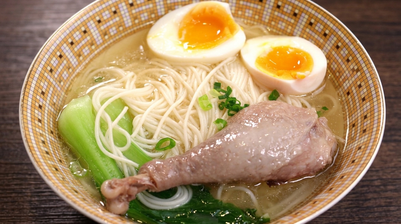 Un bol réconfortant de soupe de poulet limpide garni dune cuisse de poulet, de bok choy et dun œuf mollet au jaune fondant.