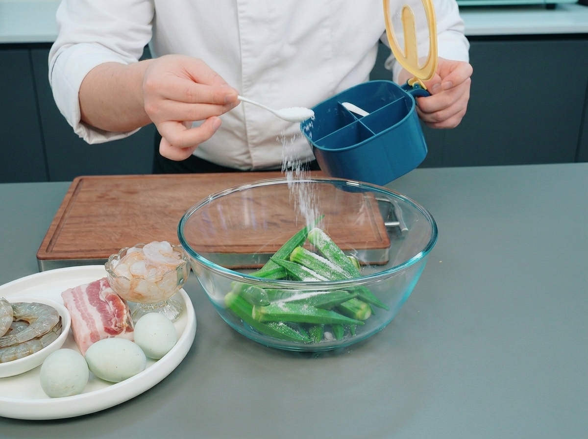 Un chef ajoutant une cuillerée de sel blanc dans un bol en verre rempli de gombos verts frais.
