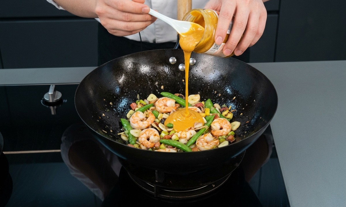 Bouillon doré bouillonnant versé autour dun dôme de gombo et purée de pommes de terre.