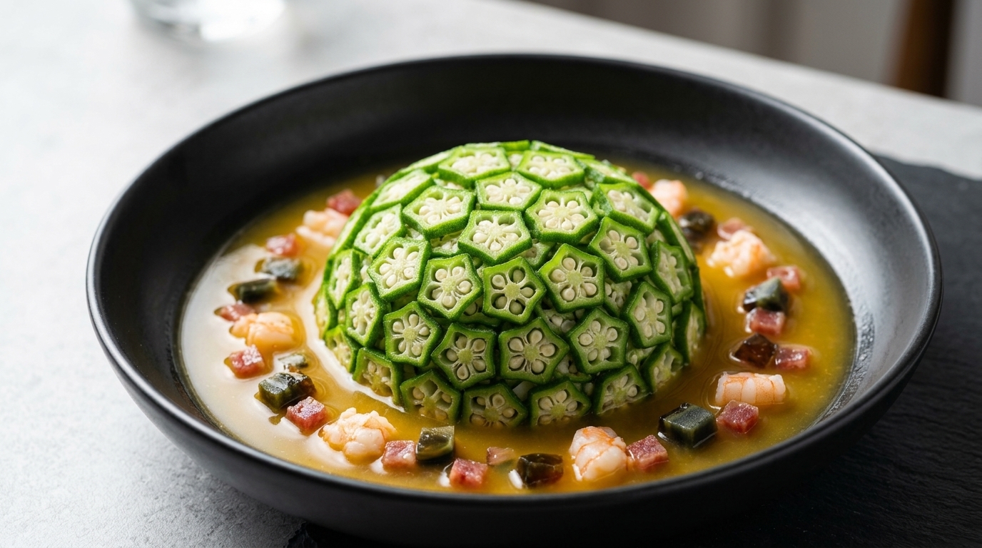 Okra à la Chinoise en Bouillon Shangtang : Un Dôme Élégant de Purée de Pommes de Terre