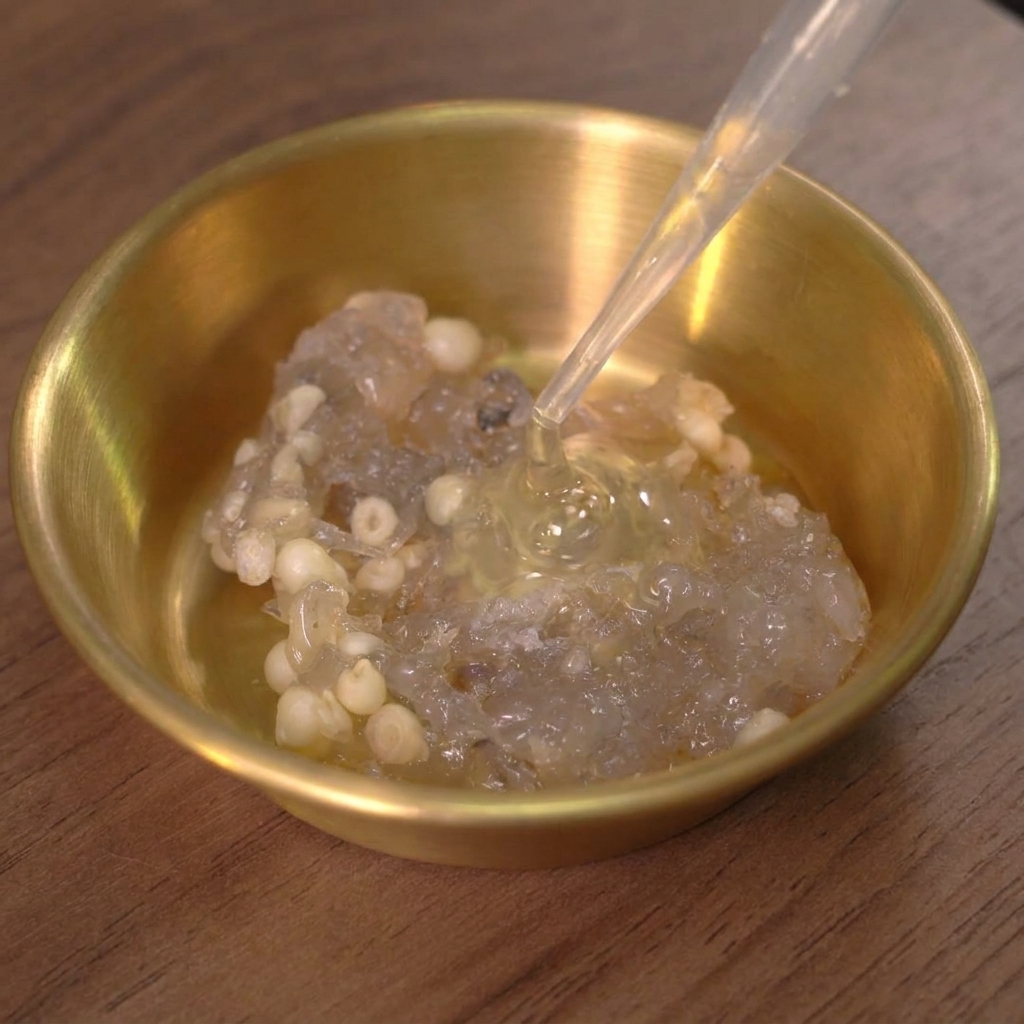 Blanc dœuf versé sur les crevettes et graines de gombo hachées dans un bol doré.