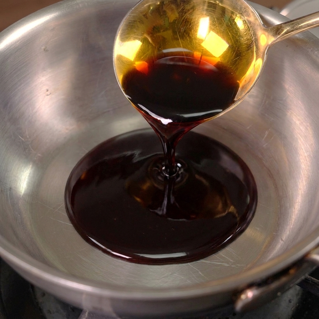 Sauce soja et sauce dhuître versées dune louche dorée dans une casserole en inox.