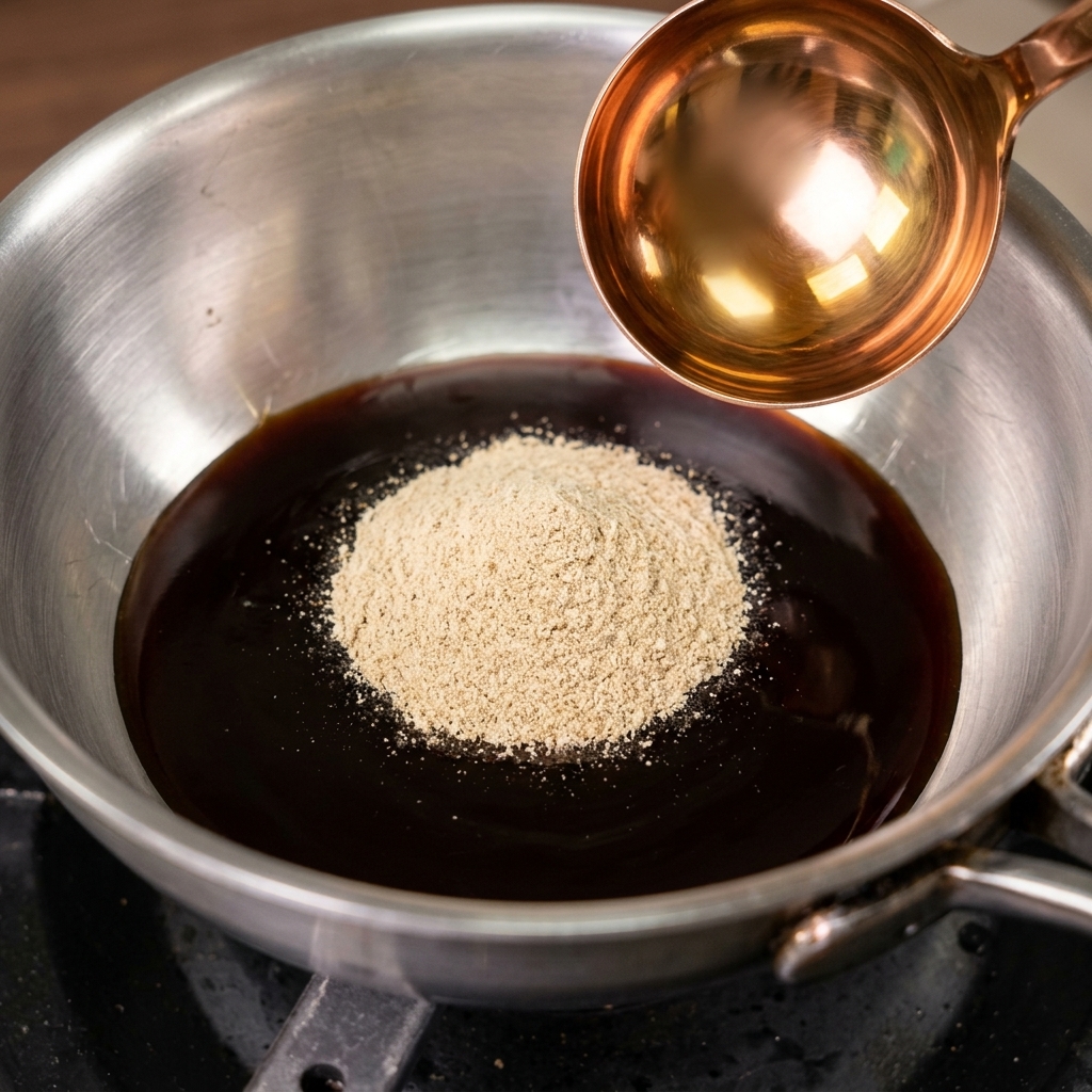 Poudre de cinq-épices et sucre posés sur les sauces liquides dans une casserole.