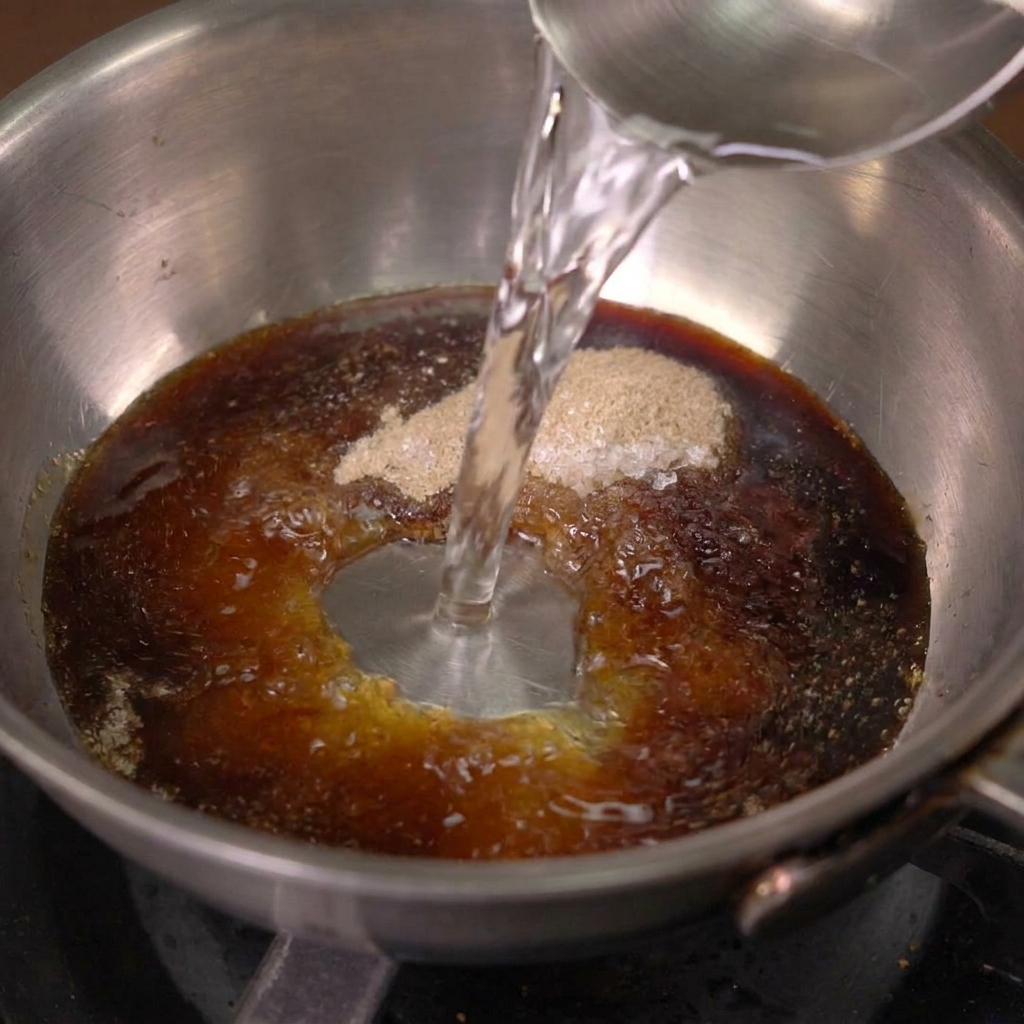 De leau claire versée dans la casserole contenant la sauce soja, le sucre et les épices.