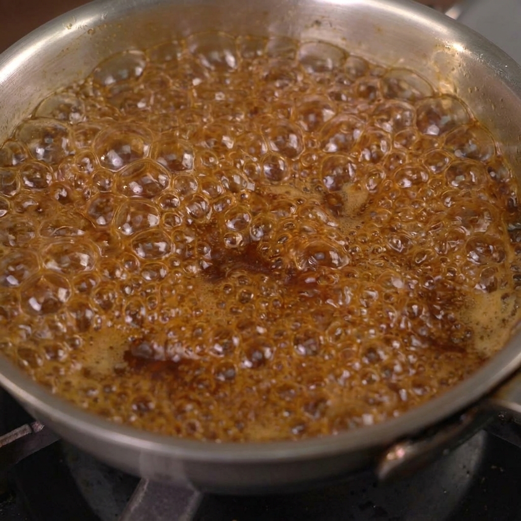 Une sauce sombre et savoureuse bouillant à gros bouillons dans une casserole en inox.