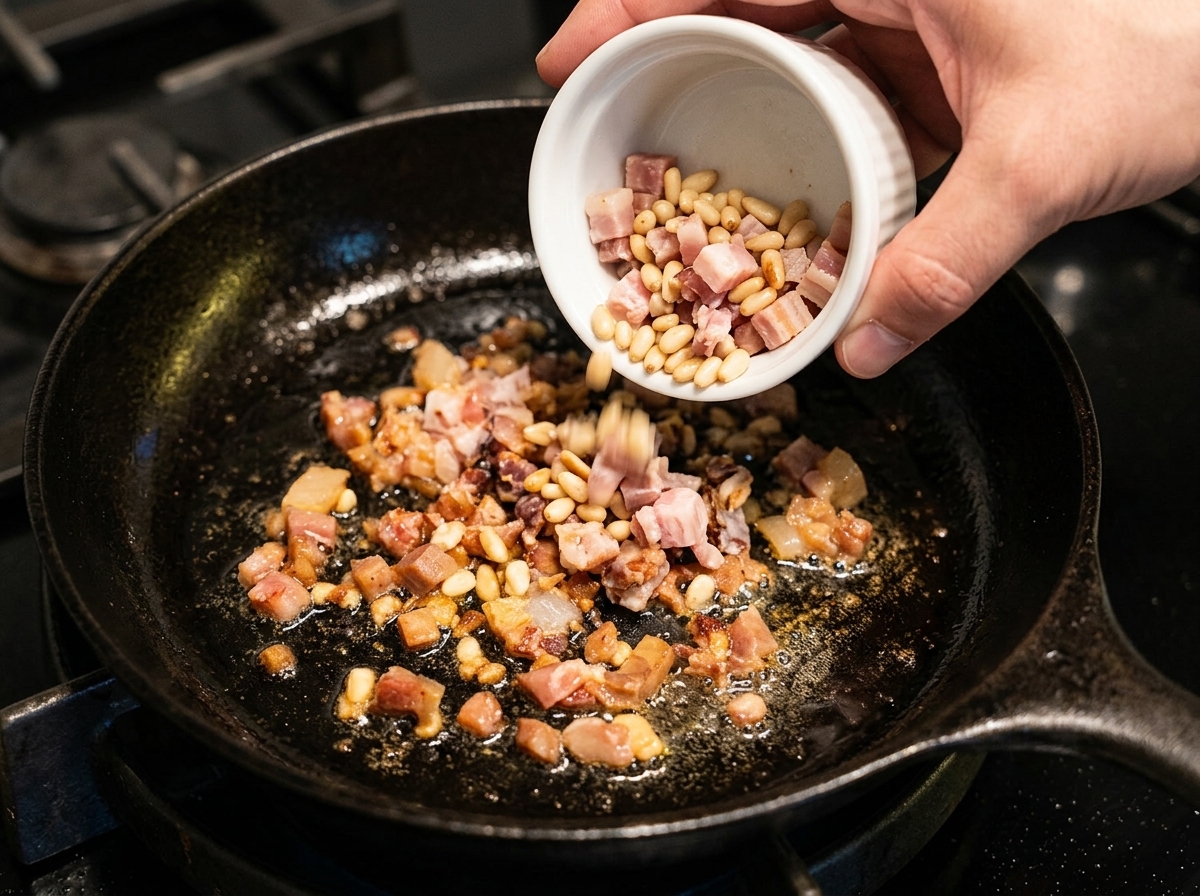 Dés de pancetta et pignons de pin versés dans une poêle en fonte noire pour extraire le gras.