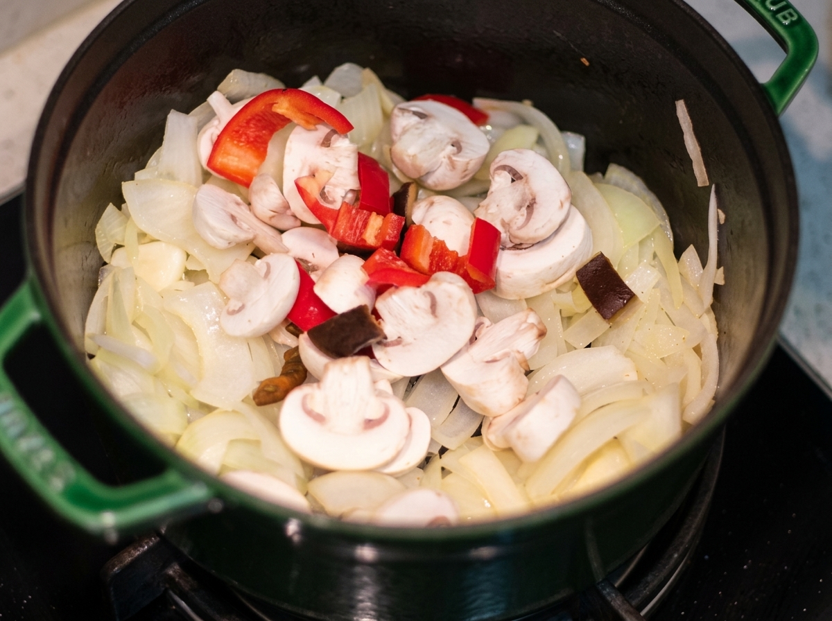 Champignons émincés et poivrons rouges ajoutés aux oignons revenus dans une cocotte.