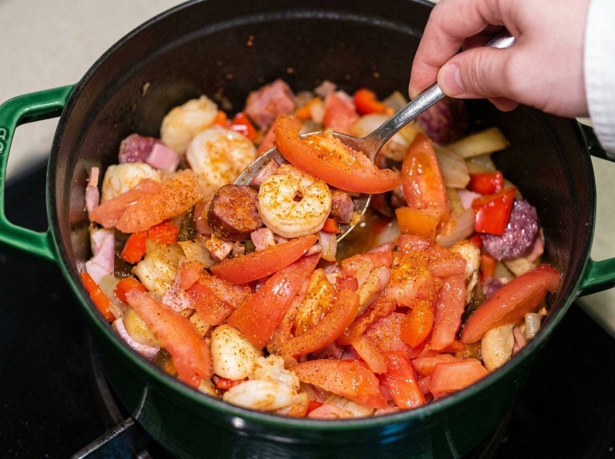 Cuillère mélangeant tomates concassées et épices Cajun dans la cocotte.