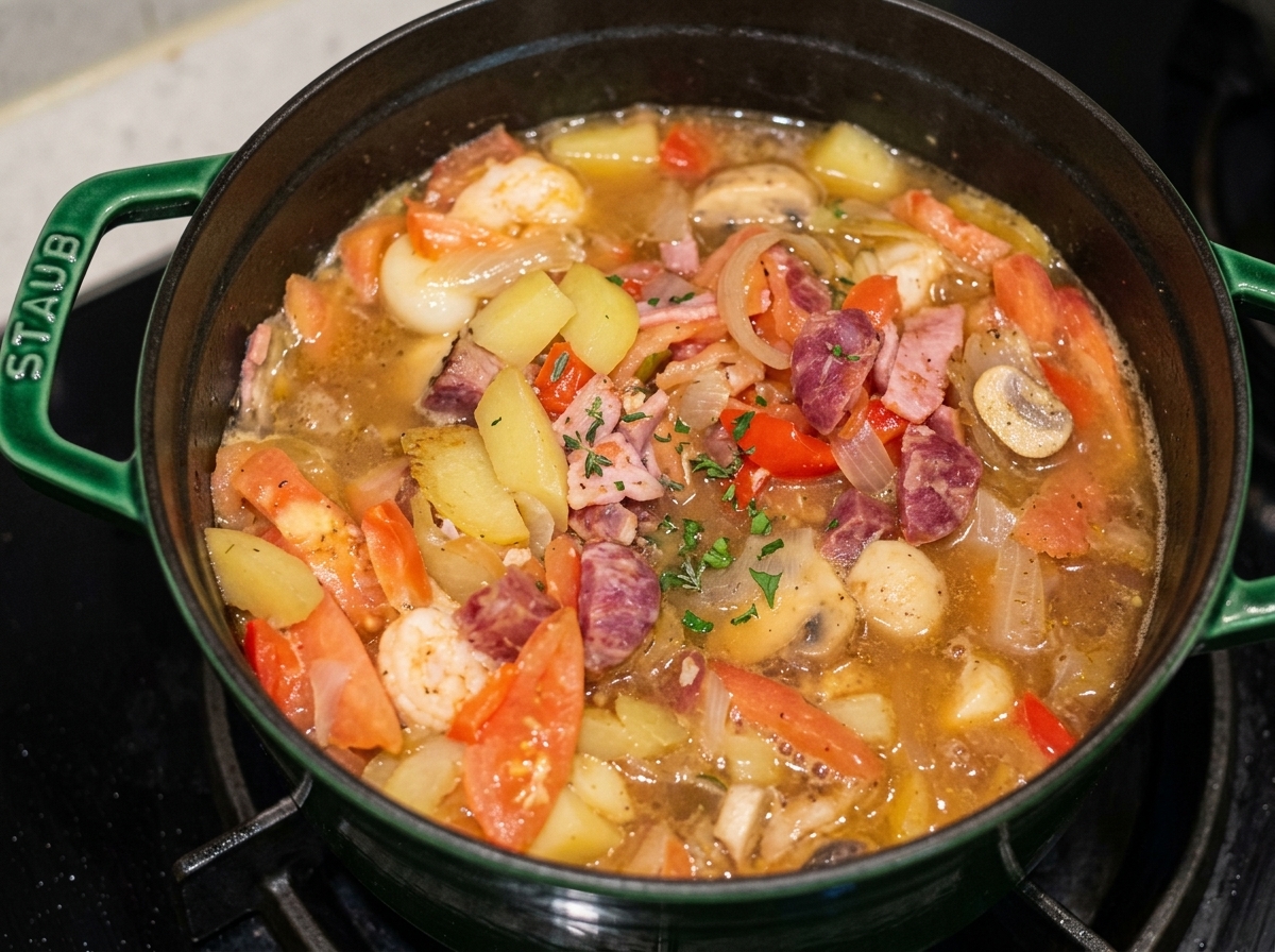 Cocotte en fonte sur le feu remplie dun mélange de viandes et légumes mijotant dans un bouillon.