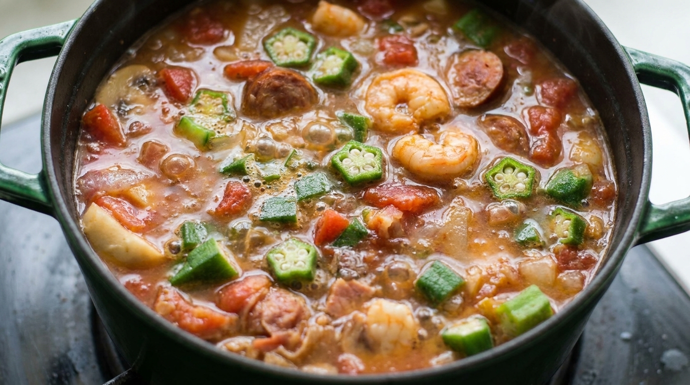 Gombo aux Crevettes et Saucisse avec Bourbon au Gras de Pancetta