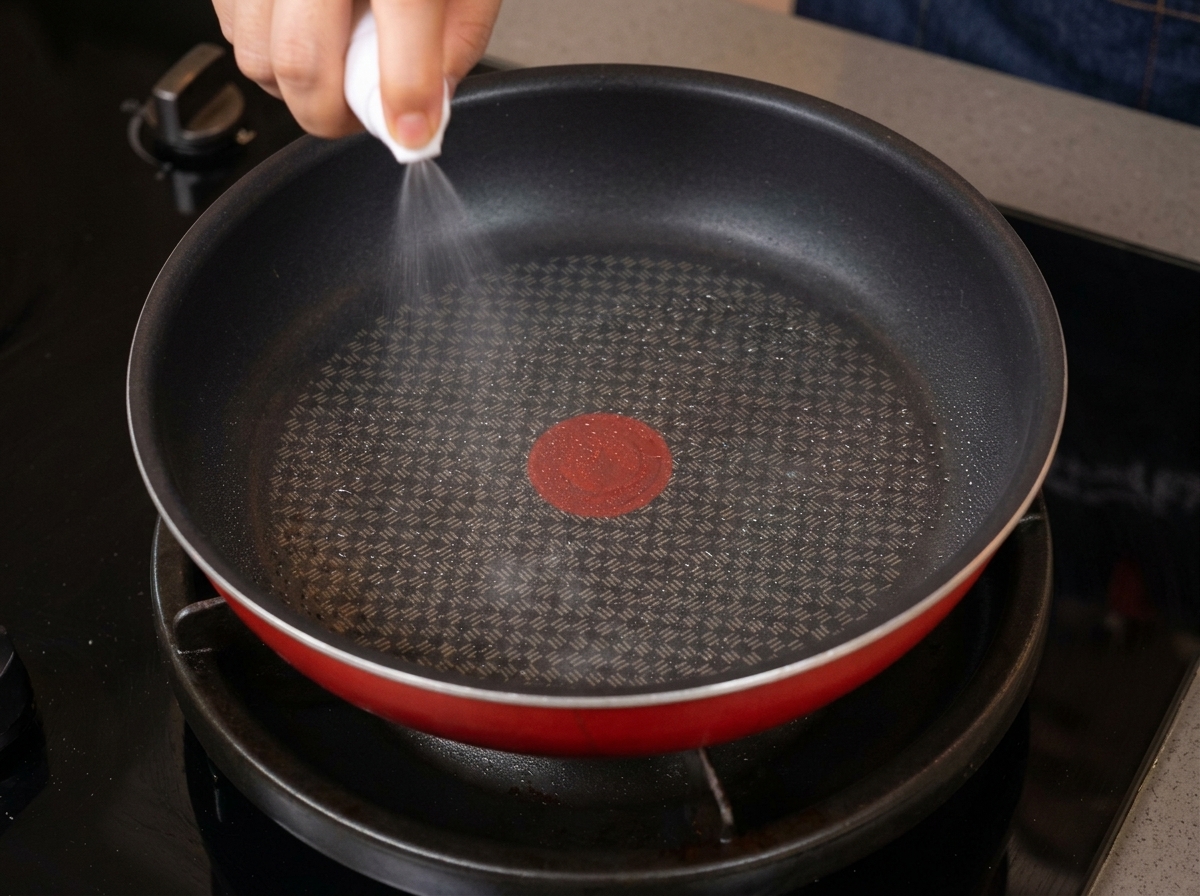 Une main vaporisant de lhuile de cuisson dans une poêle antiadhésive noire à bord rouge.