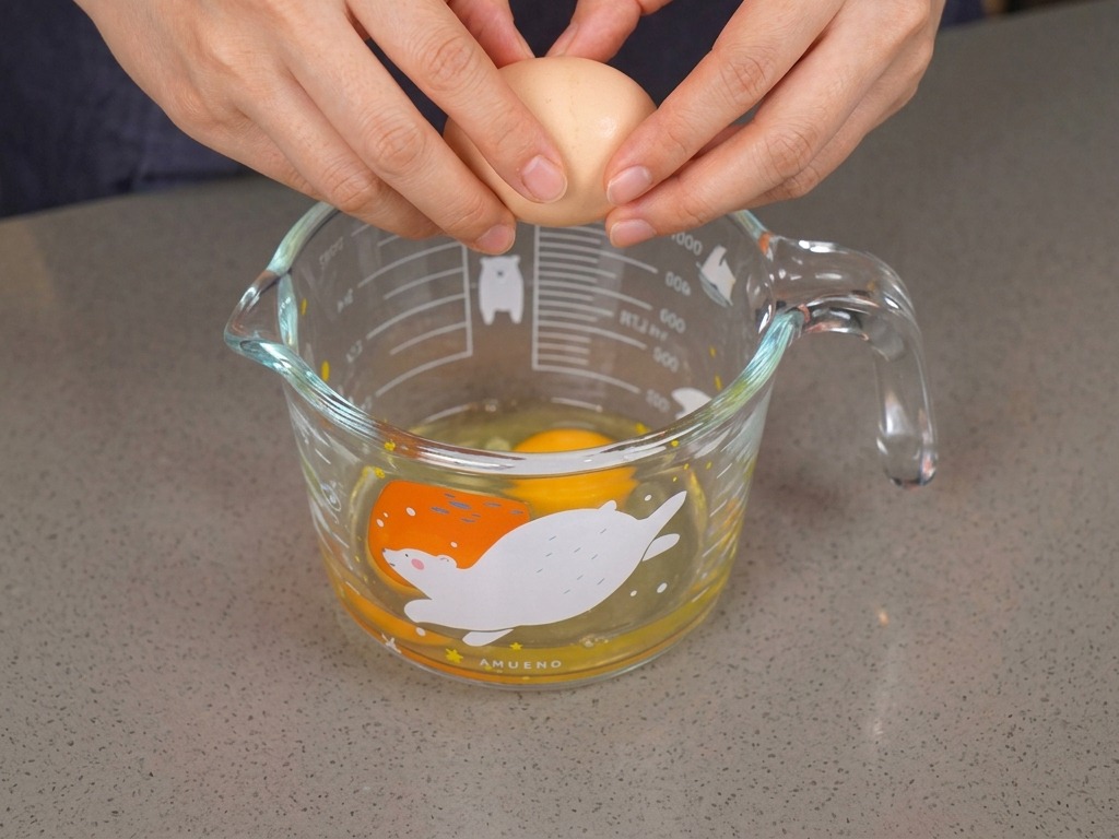 Mains cassant un œuf brun au-dessus dun verre doseur avec un motif dours.