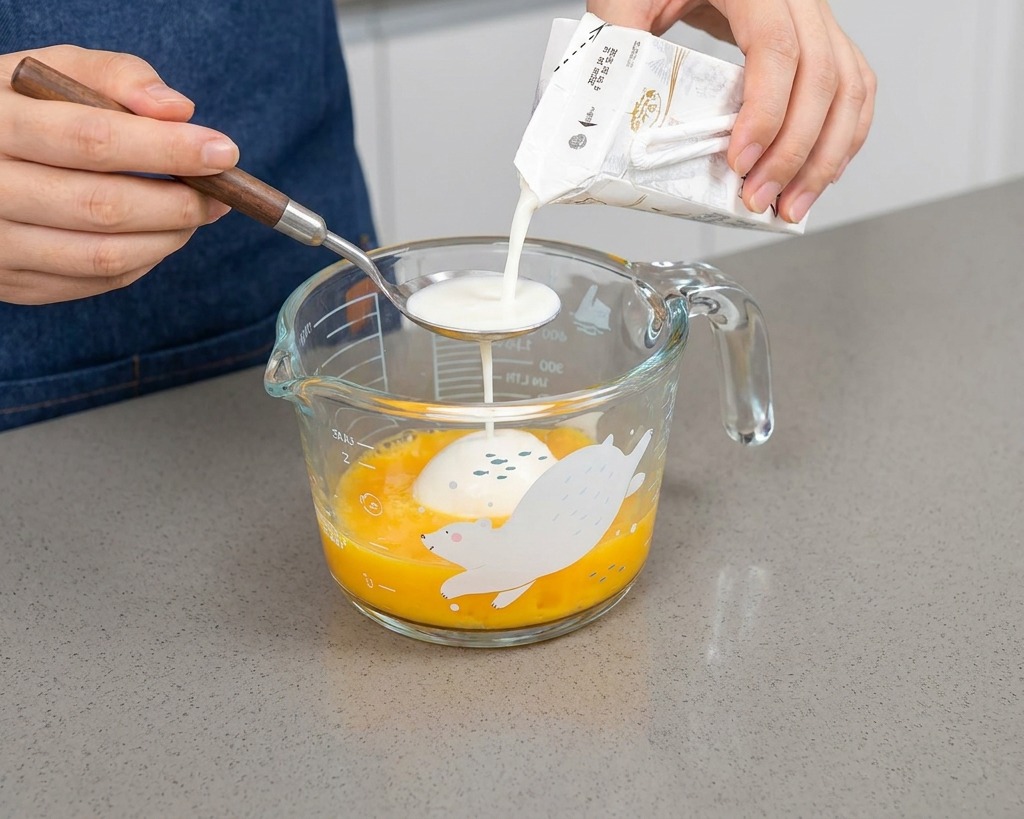 Versement de lait depuis un carton sur une cuillère vers un verre doseur contenant des œufs.