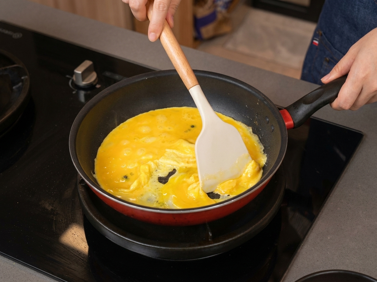 Utilisation dune spatule en silicone pour ramener doucement les œufs vers le centre de la poêle.