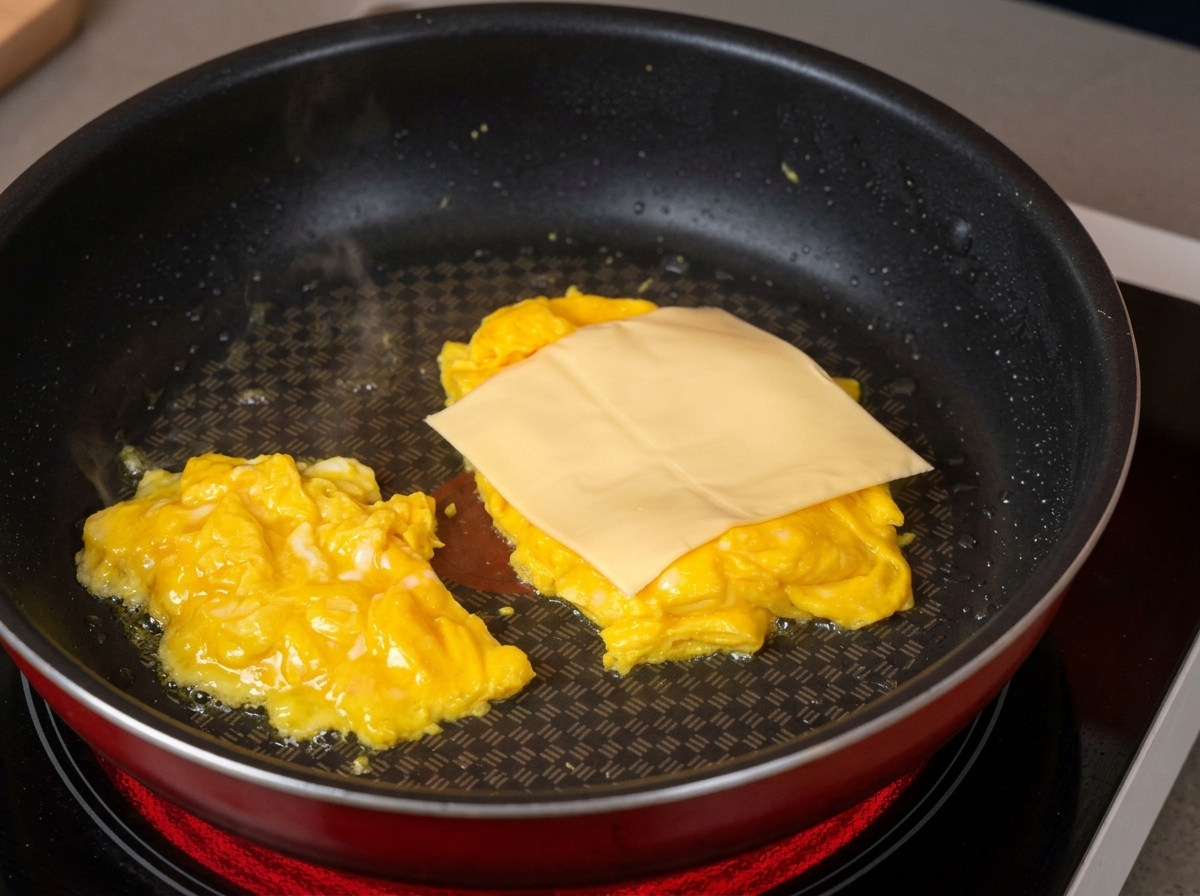 Une tranche de fromage fondu posée sur des œufs brouillés moelleux dans une poêle.