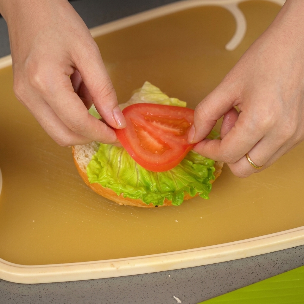 Placement dune tranche de tomate rouge sur la laitue dans le burger.