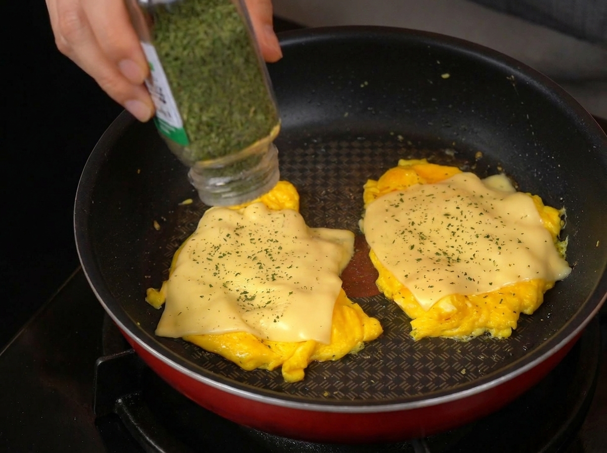 Herbes séchées saupoudrées sur les œufs brouillés dans la poêle.