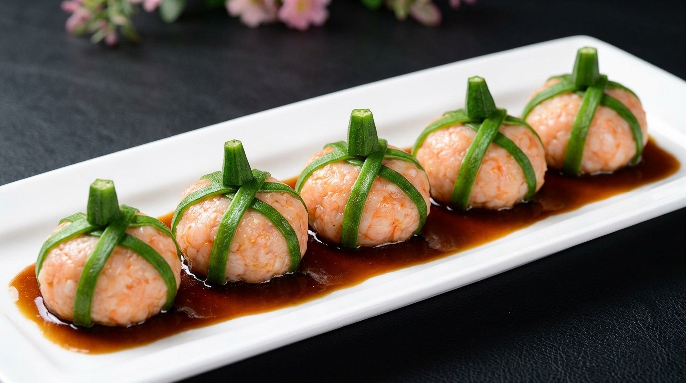 Bouchées de crevettes à l'okra et sauce matsutaké