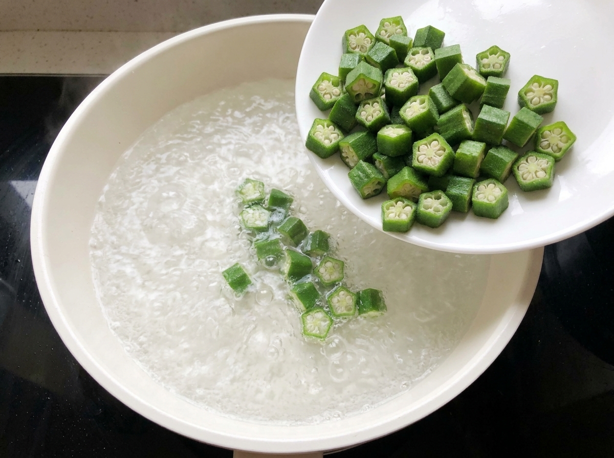 Morceaux de gombos verts versés dune assiette blanche dans une casserole deau bouillante.