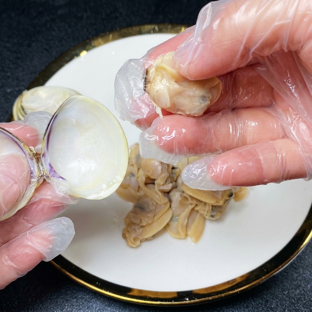 Mains gantées séparant la chair des palourdes de leur coquille au-dessus dune assiette.