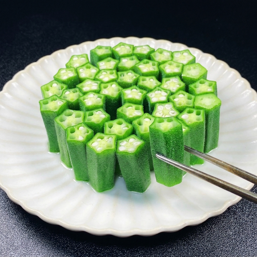 Utilisation de pinces pour disposer des morceaux de gombo vert vif à la verticale en cercle sur une assiette blanche.