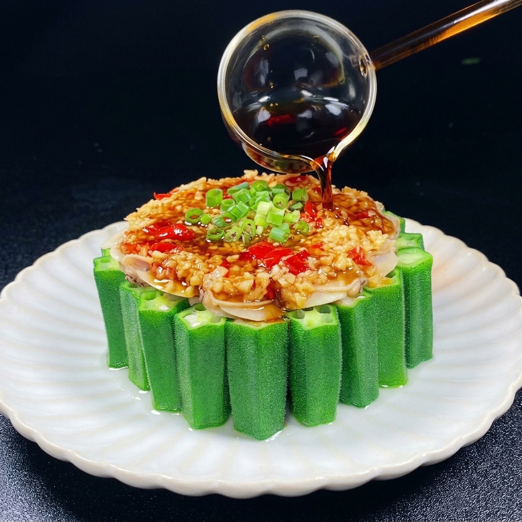 Sauce sombre versée dune petite louche en verre sur le plat de palourdes garni dail et de piment.