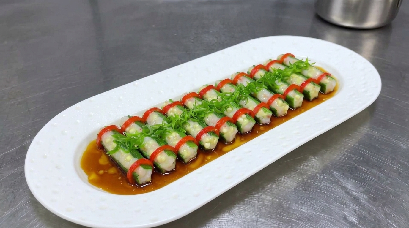 Gombos farcis à la pâte de crevettes à la vapeur