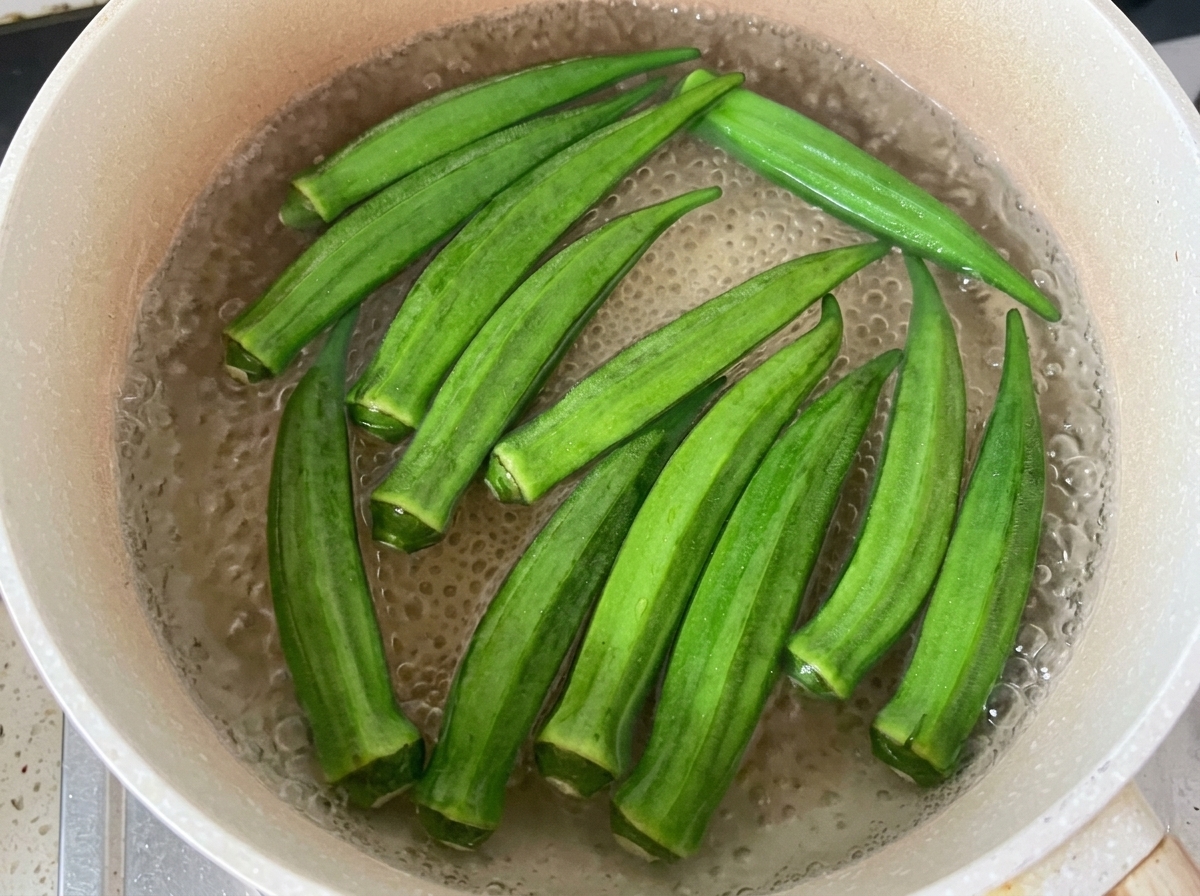 Gombos verts bouillant dans une casserole deau frémissante.