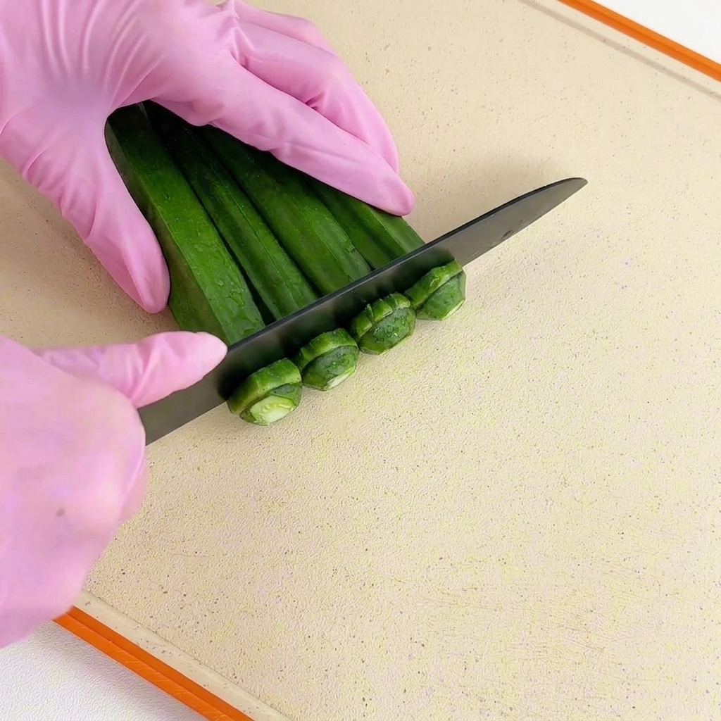 Mains gantées coupant les tiges de gombos blanchis avec un couteau noir sur une planche à découper.
