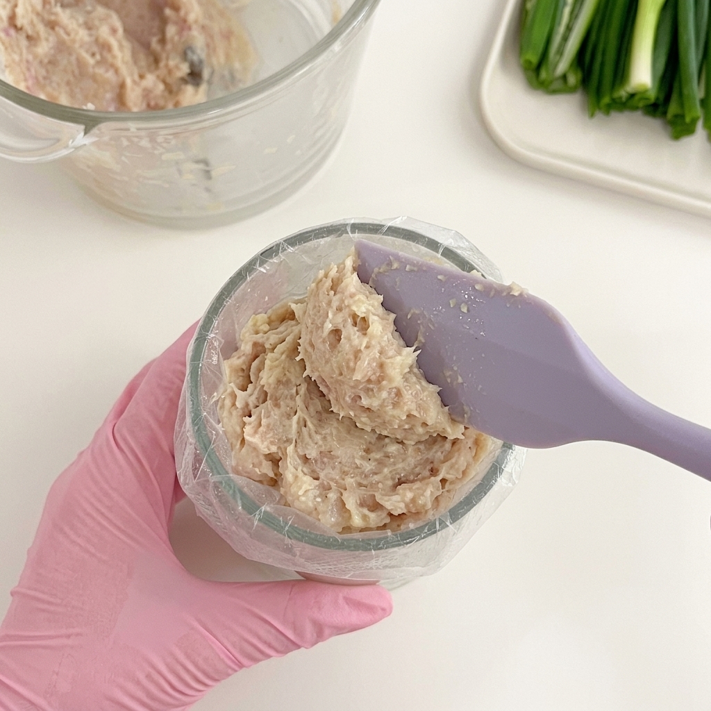 Main avec un gant rose utilisant une spatule en silicone pour mettre la pâte de poulet dans une poche à douille.