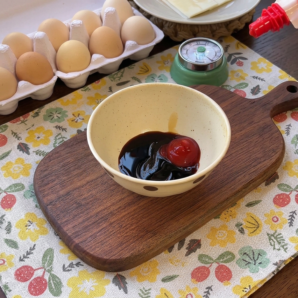 Un petit bol contenant de la sauce soja, de la sauce dhuître, du ketchup et de la fécule blanche sur une planche en bois.