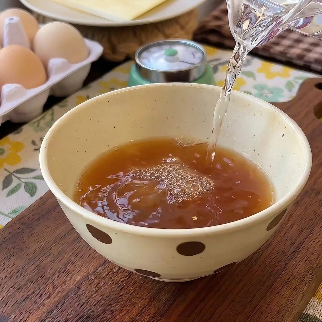 De leau versée dune carafe dans un bol de sauce foncée, créant de petites bulles à la surface.